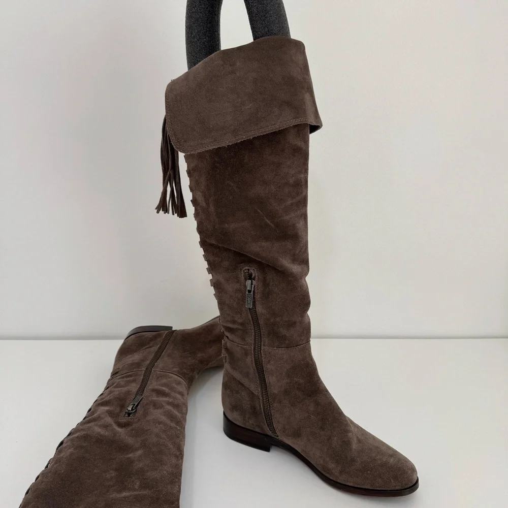 Frye‎ Tina Tassel Lace Back Suede Over The Knee Boots Size 5.5